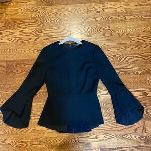 Alice+Olivia Employed black crepe peplum blouse with bell sleeves